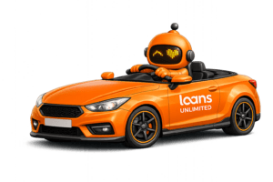 Finch the Loans Unlimited mascot driving a Loans Unlimited Car